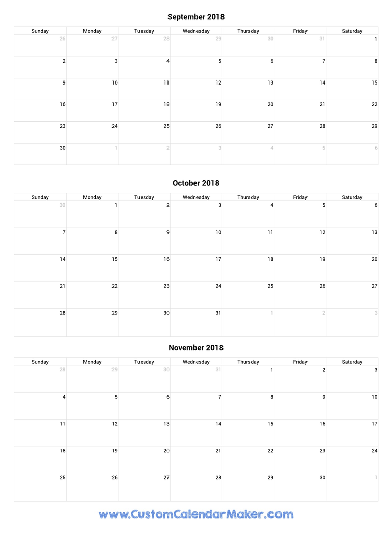 September to November 2018 Calendar