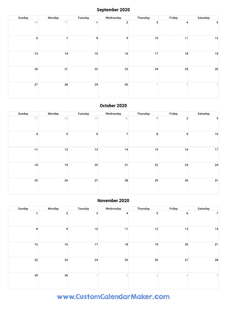 September to November 2020 Calendar