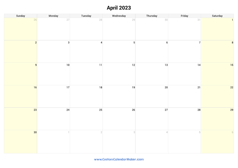 April calendar 2023 with highlighted weekends