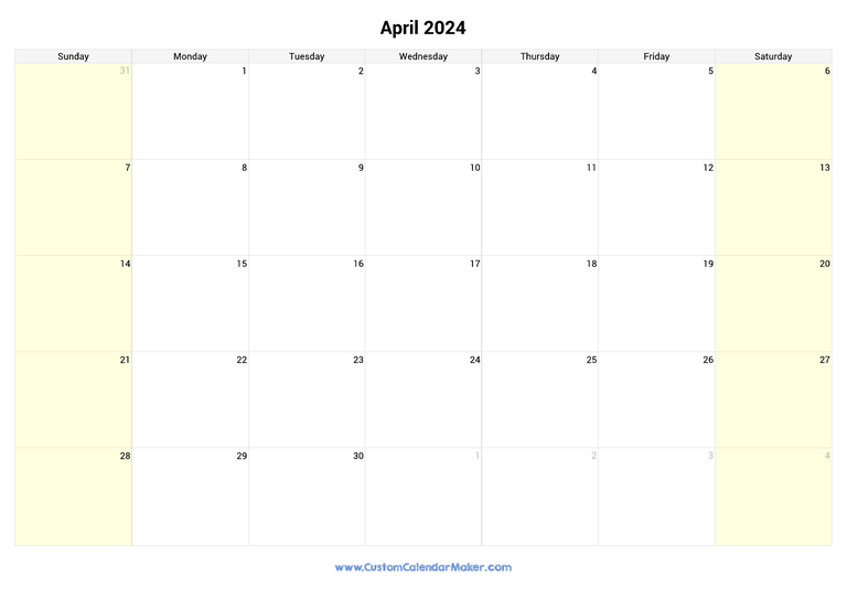 April calendar 2024 with highlighted weekends