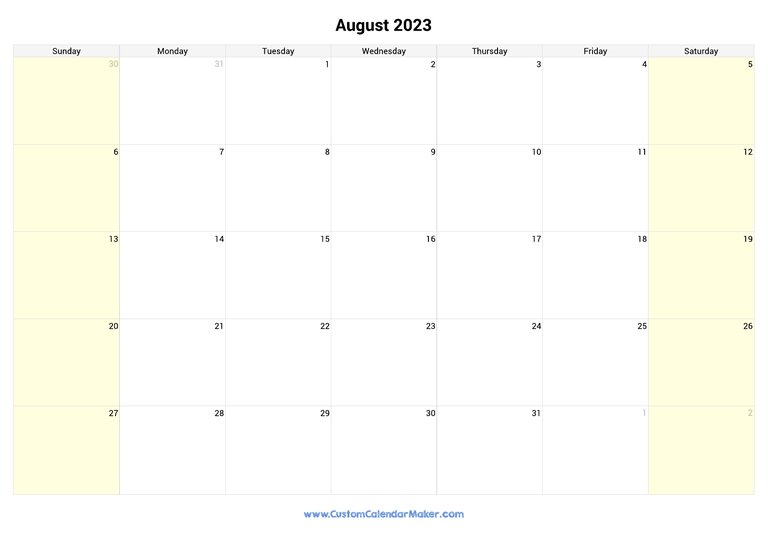 August calendar 2023 with highlighted weekends