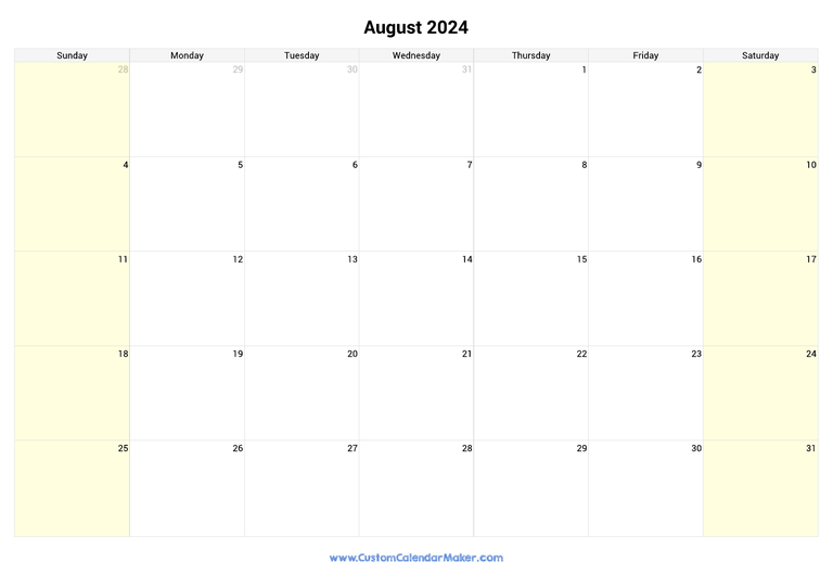 August calendar 2024 with highlighted weekends