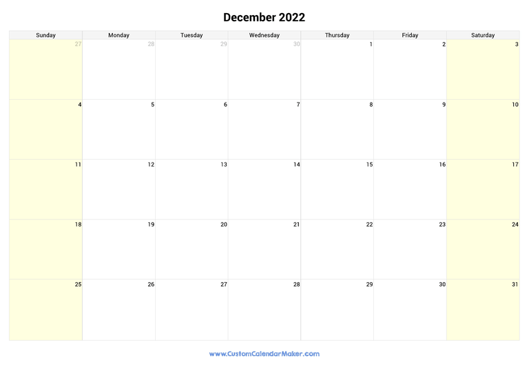 December calendar 2022 with highlighted weekends