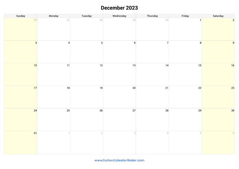 December calendar 2023 with highlighted weekends