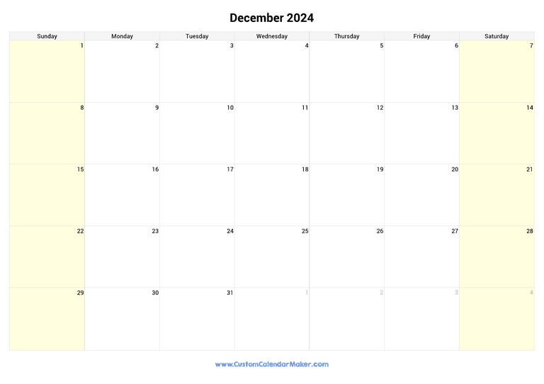 December calendar 2024 with highlighted weekends