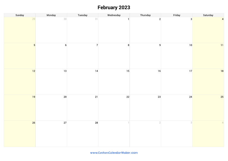 February calendar 2023 with highlighted weekends