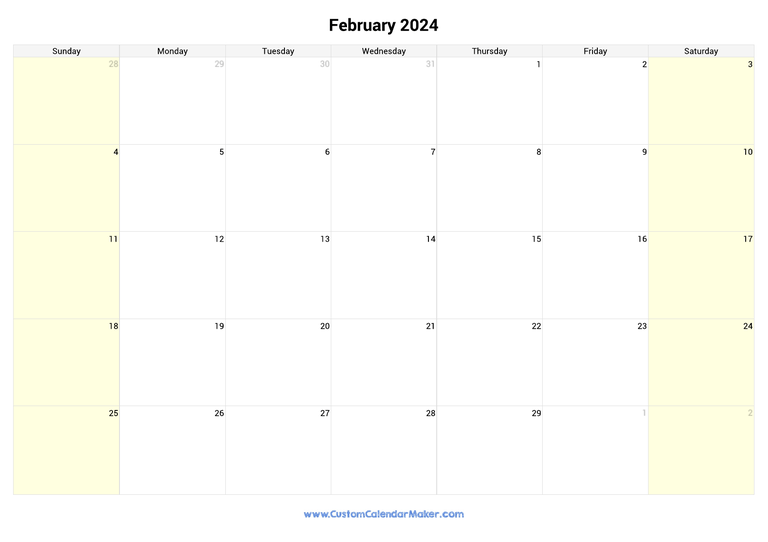 February calendar 2024 with highlighted weekends