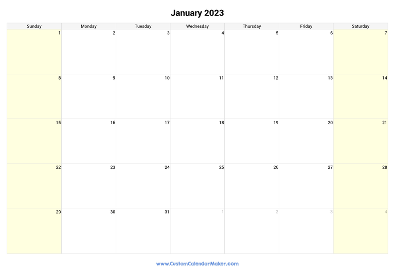 January calendar 2023 with highlighted weekends