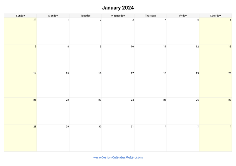 January calendar 2024 with highlighted weekends