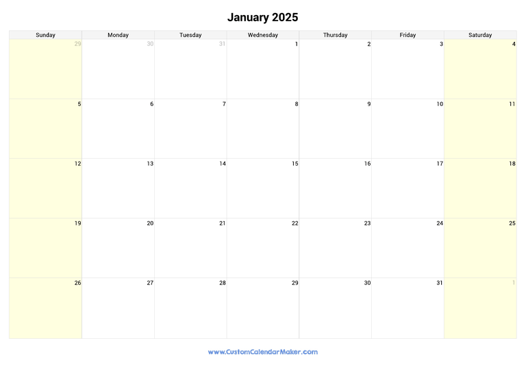 January calendar 2025 with highlighted weekends