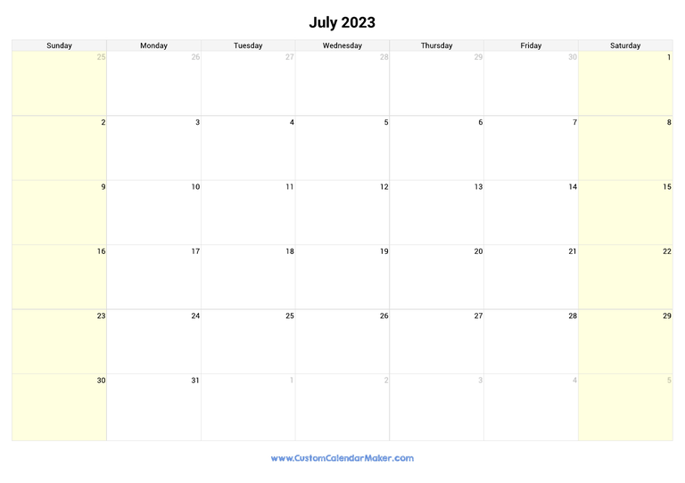 July calendar 2023 with highlighted weekends