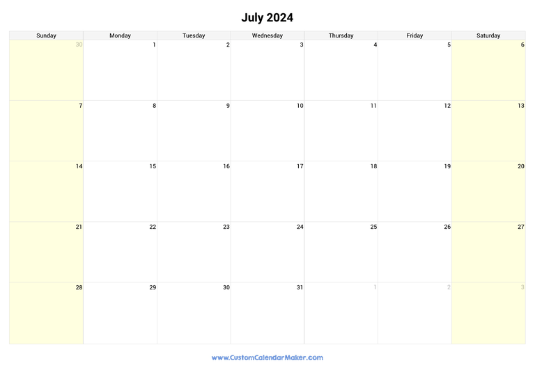 July calendar 2024 with highlighted weekends