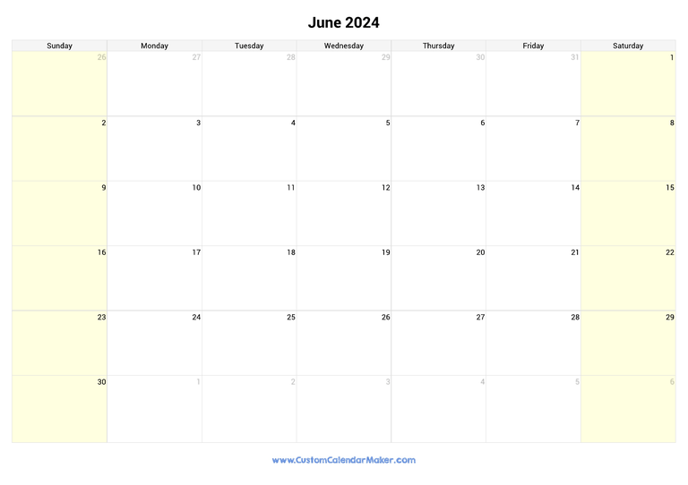 June calendar 2024 with highlighted weekends