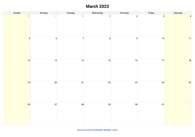 March calendar 2023 with highlighted weekends