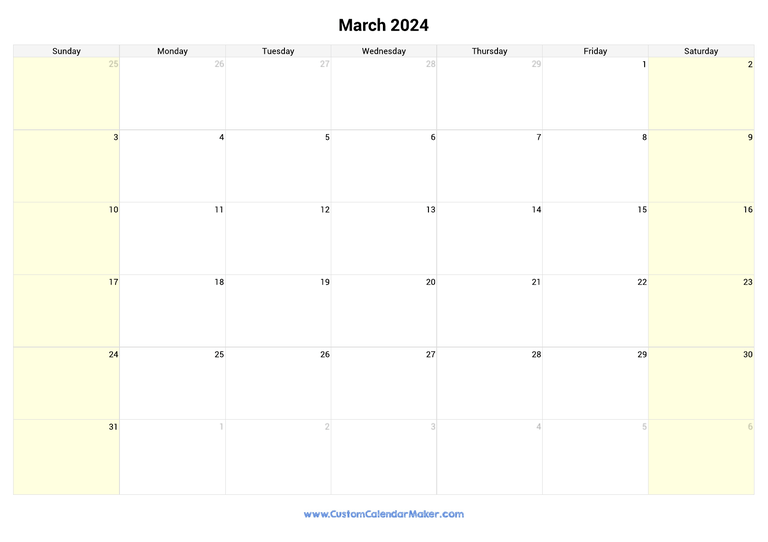 March calendar 2024 with highlighted weekends