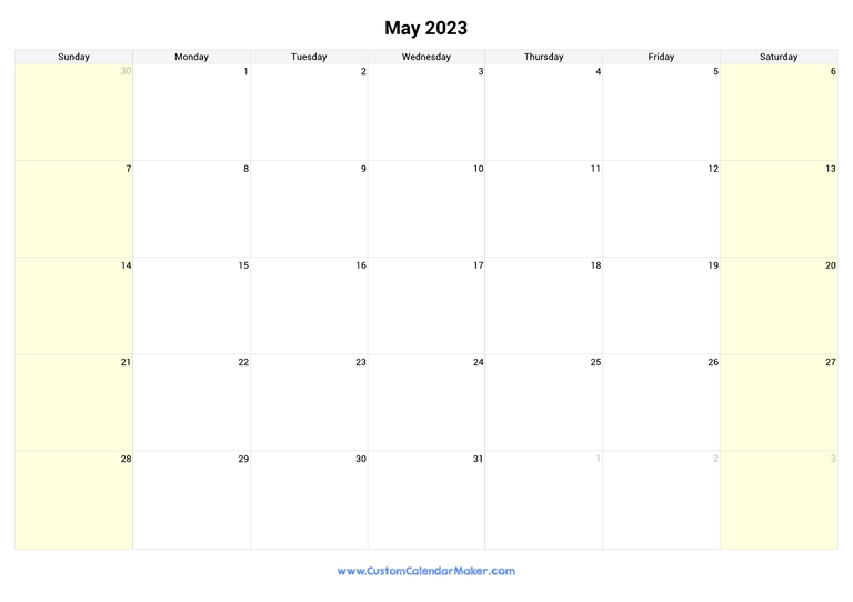 May calendar 2023 with highlighted weekends