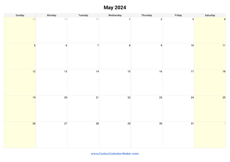 May calendar 2024 with highlighted weekends