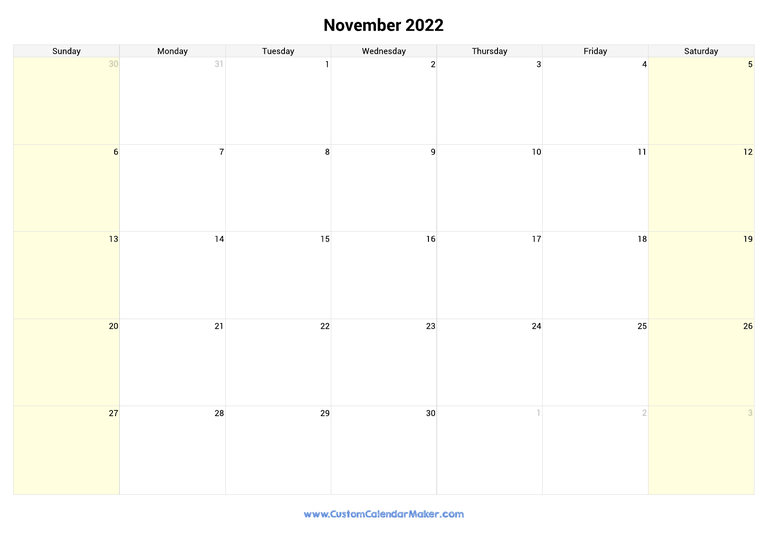 November calendar 2022 with highlighted weekends