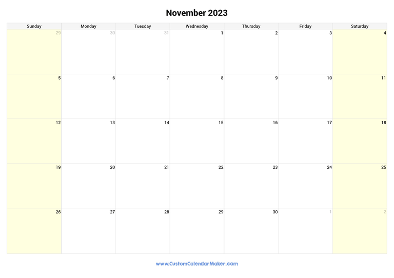 November calendar 2023 with highlighted weekends