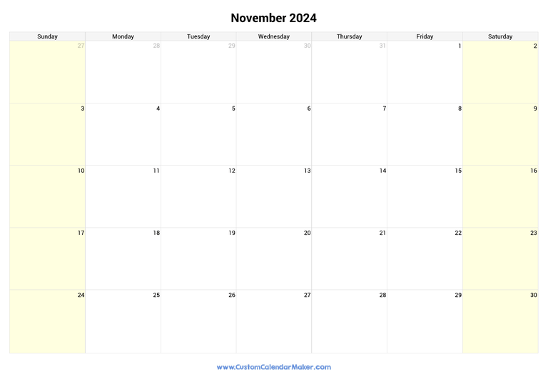 November calendar 2024 with highlighted weekends
