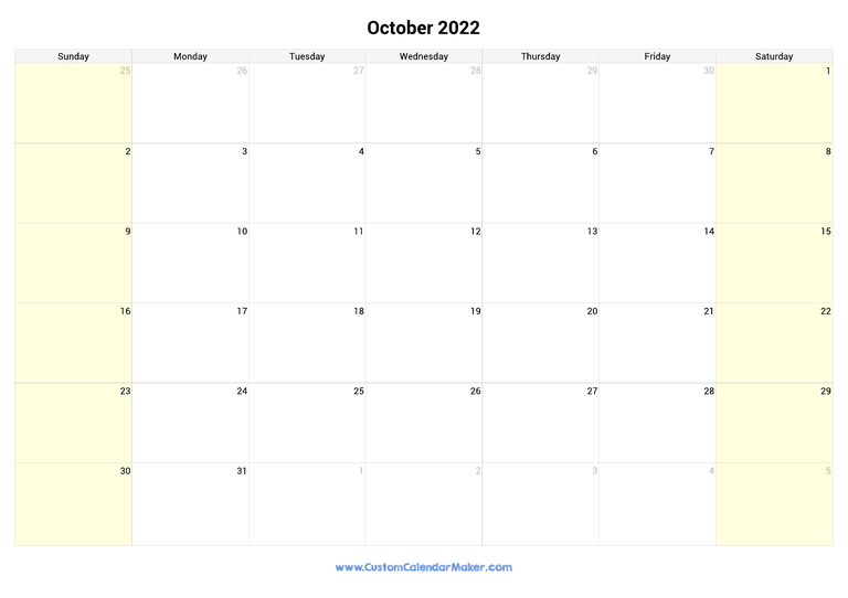 October calendar 2022 with highlighted weekends