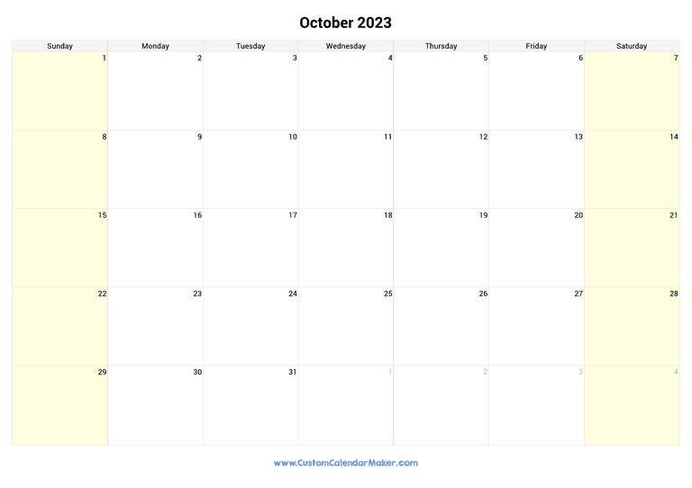 October calendar 2023 with highlighted weekends