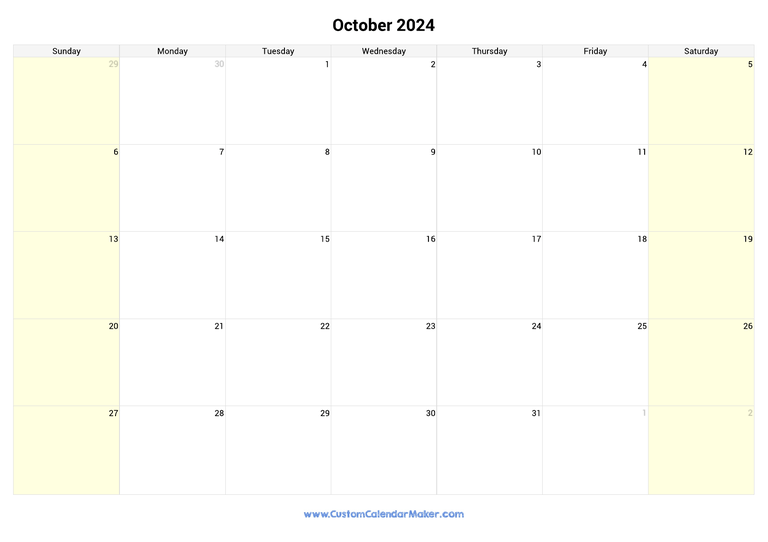 October calendar 2024 with highlighted weekends