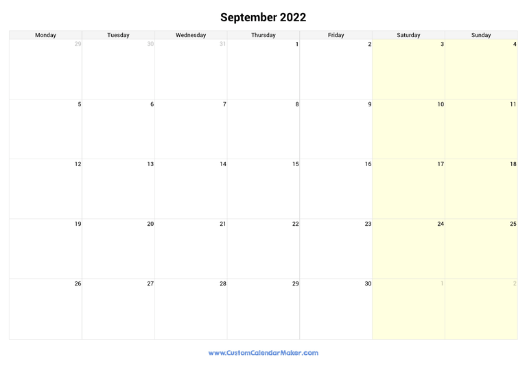 September calendar 2022 with highlighted weekends