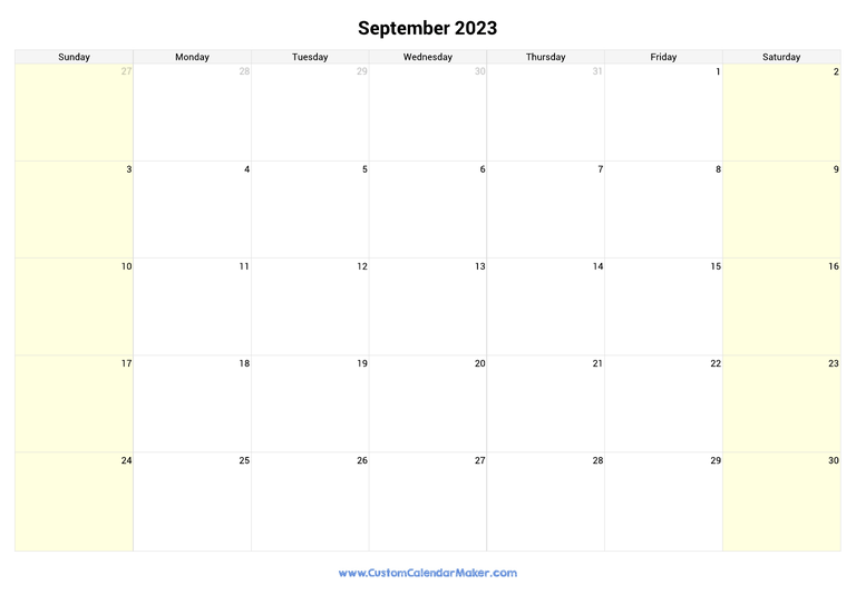 September calendar 2023 with highlighted weekends