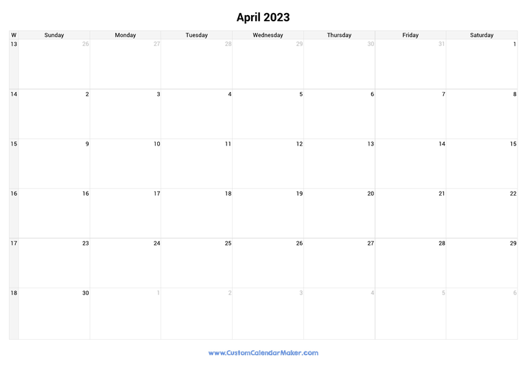 April calendar 2023 with week numbers