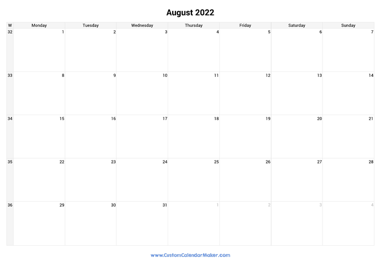 August calendar 2022 with week numbers