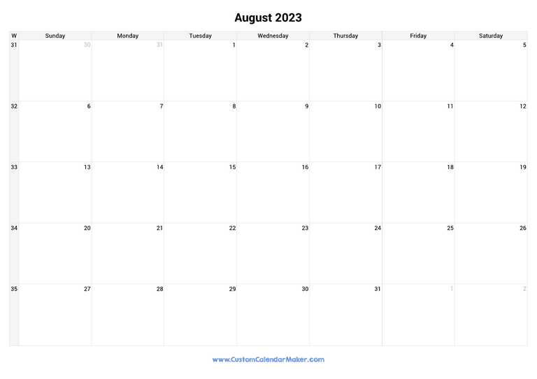August calendar 2023 with week numbers