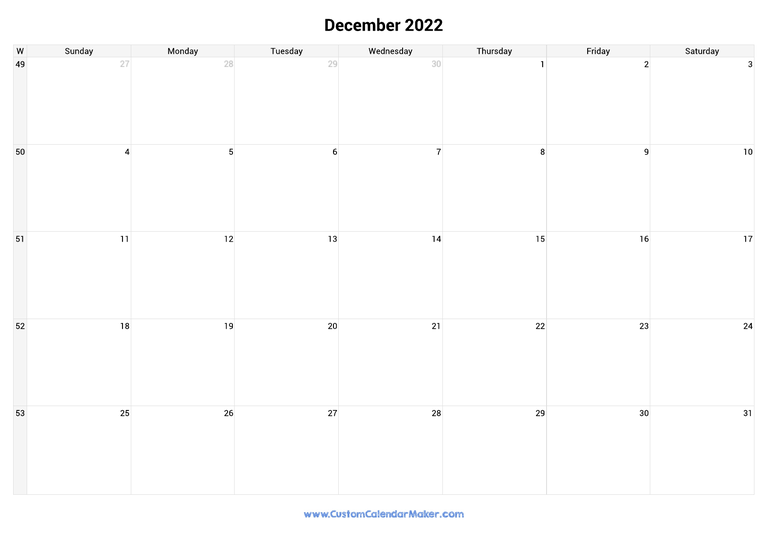December calendar 2022 with week numbers