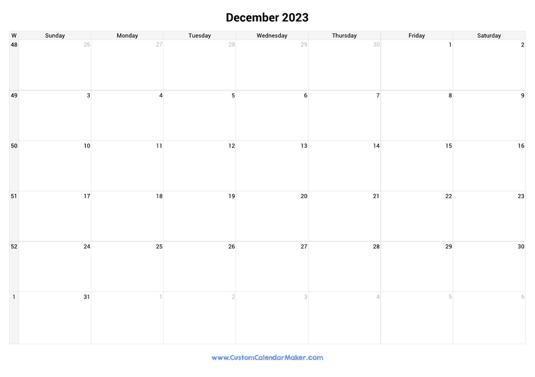 December calendar 2023 with week numbers