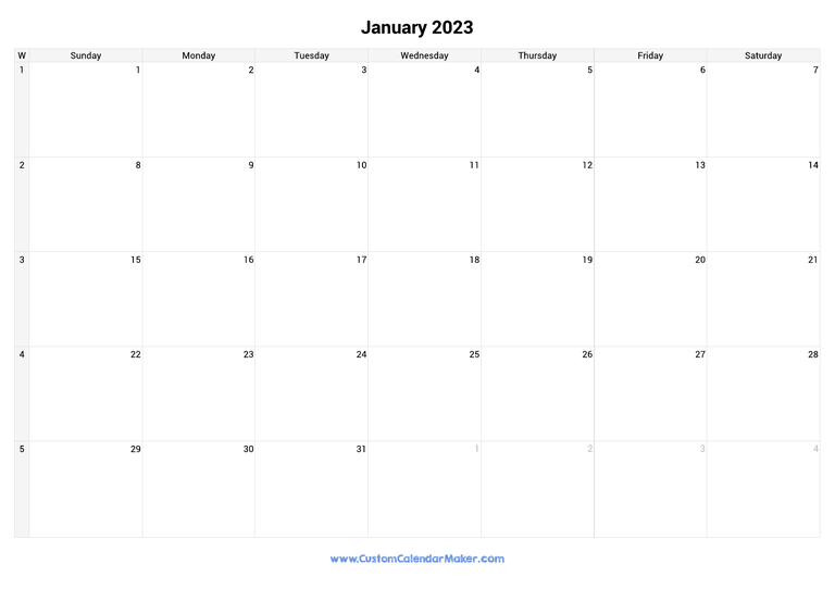 January calendar 2023 with week numbers
