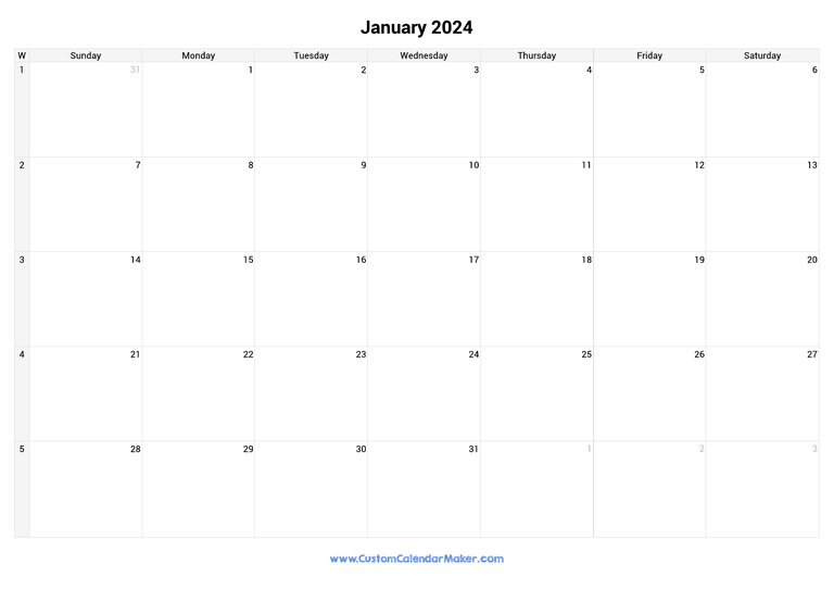 January calendar 2024 with week numbers