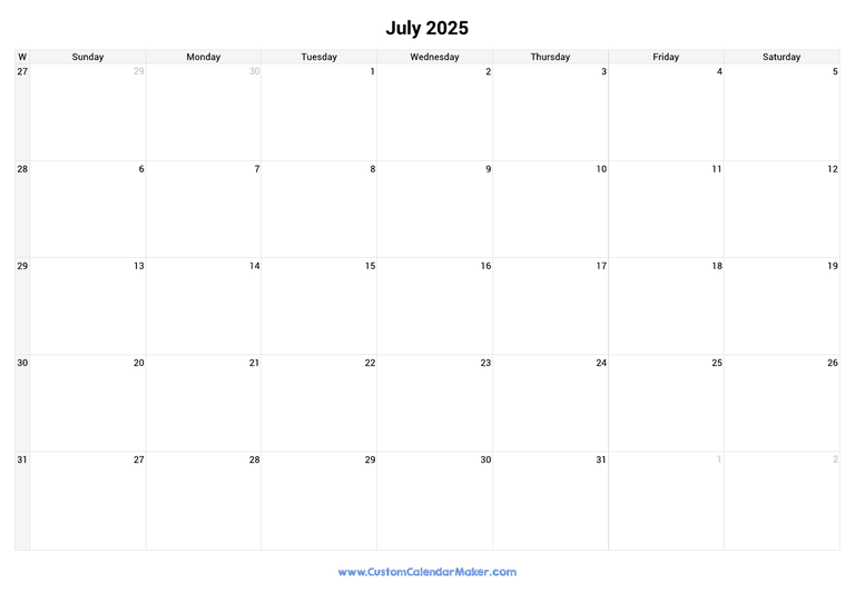 July calendar 2025 with week numbers