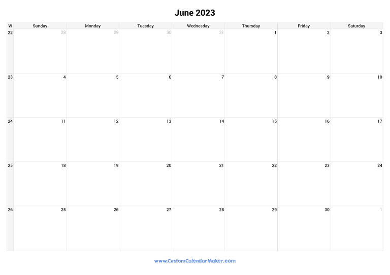 June calendar 2023 with week numbers