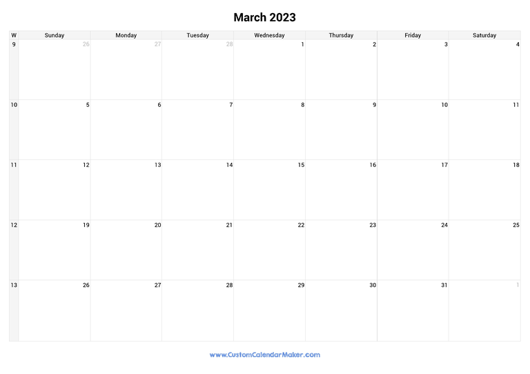 March calendar 2023 with week numbers