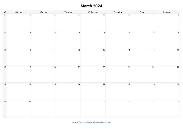 March calendar 2024 with week numbers