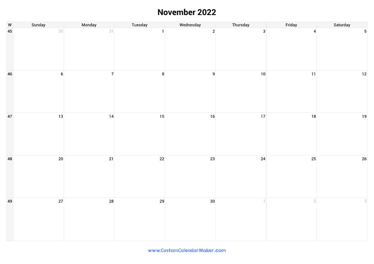 November calendar 2022 with week numbers