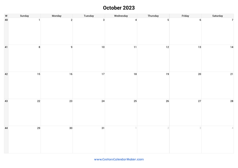 October calendar 2023 with week numbers