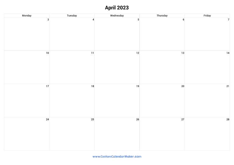 April 2023 calendar with 5 days per week