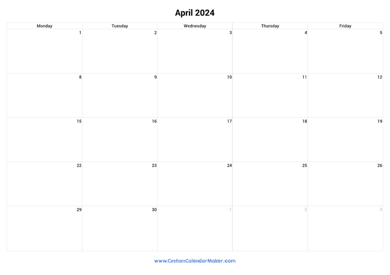April 2024 Calendar Weekdays Only Monday to Friday
