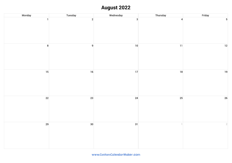 August 2022 calendar with 5 days per week