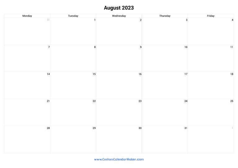 August 2023 calendar with 5 days per week