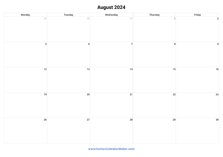 August 2024 calendar with 5 days per week