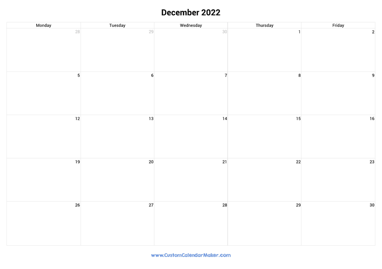 December 2022 calendar with 5 days per week