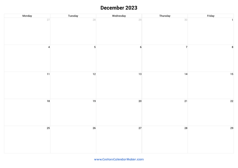 December 2023 calendar with 5 days per week