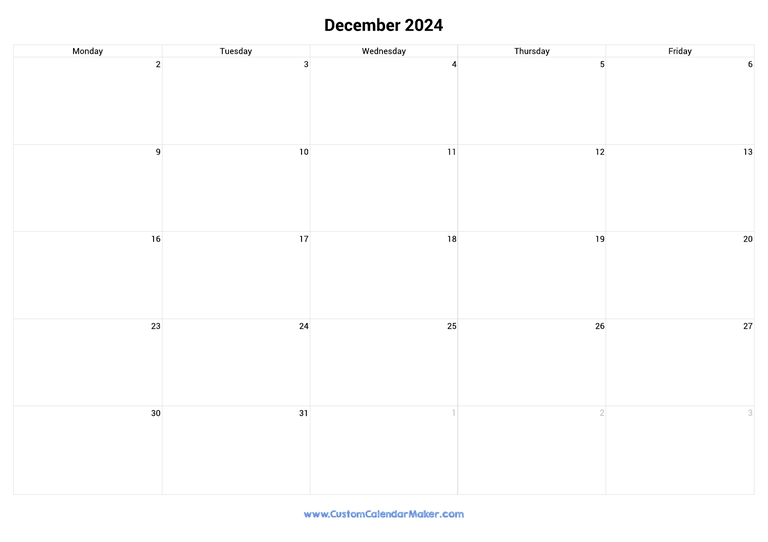 December 2024 calendar with 5 days per week